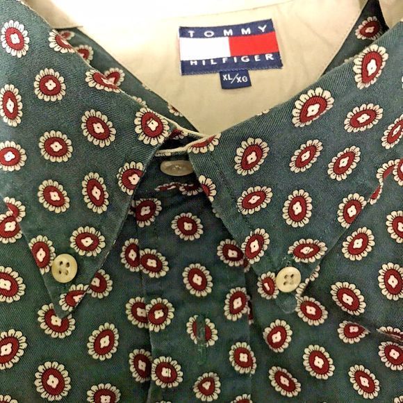 Tommy Hilfiger XL Oxford Button-Down Green Print‎ Shirt Pocket Flag & Crest Logo - Picture 6 of 12